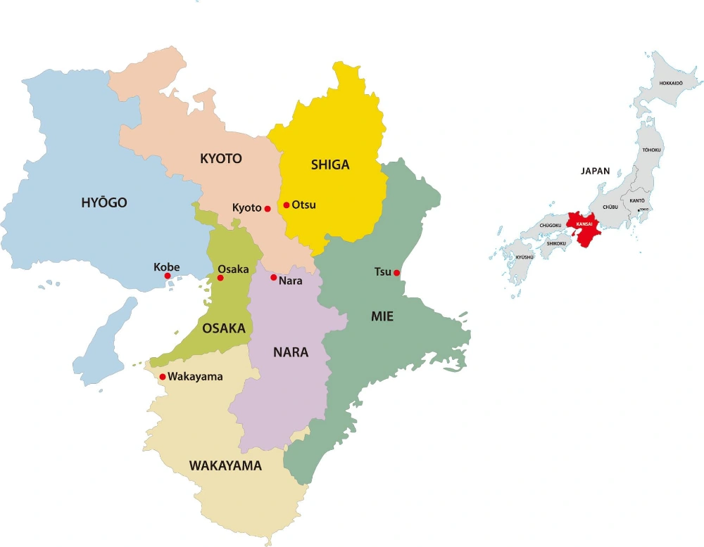 Bản đồ vùng Kansai với Kyoto, Osaka và Nara