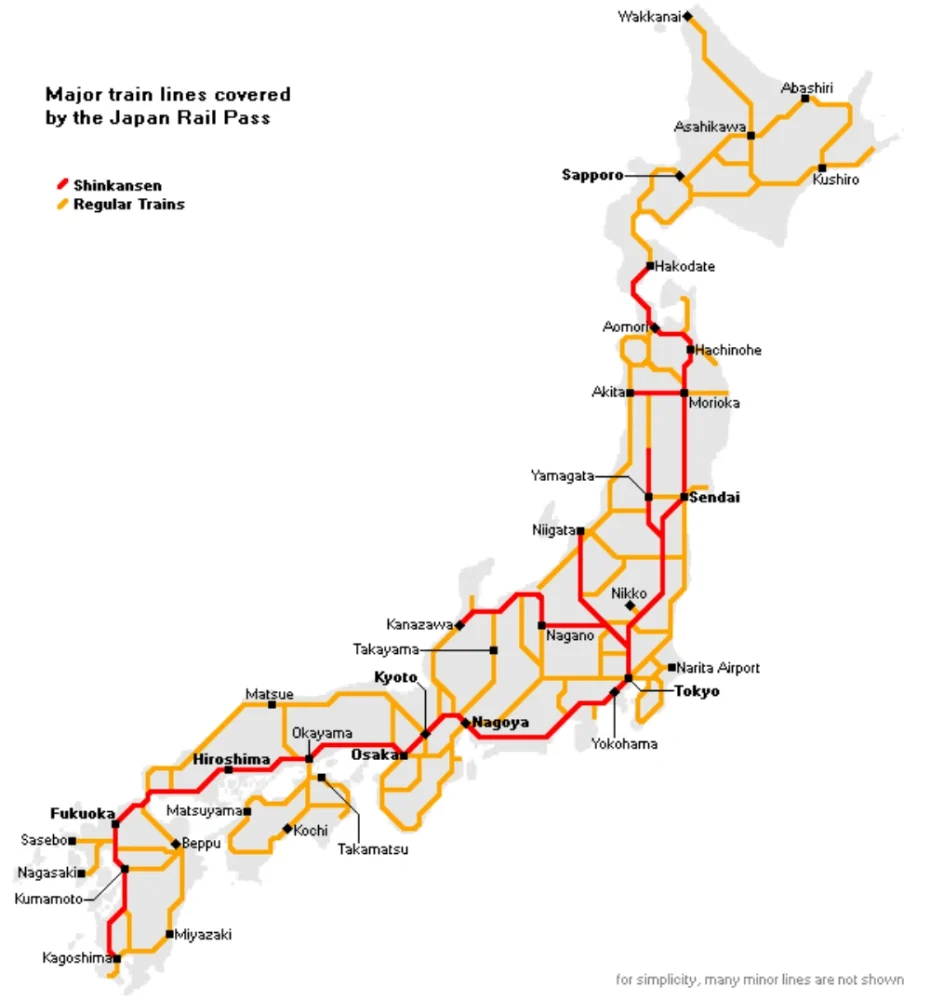 Bản đồ mạng lưới tàu thuộc Japan Rail Pass