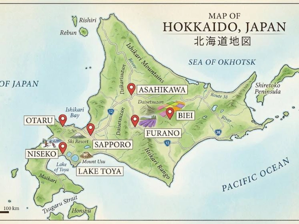 Bản đồ Hokkaido với Sapporo, Furano và Niseko